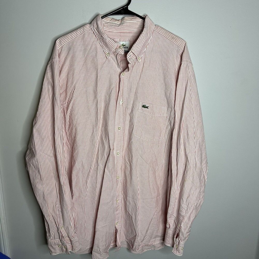 Men's Lacoste Size 1XL Red Striped‎ Button Down Shirt Preppy
